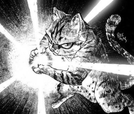 A focused cat striking a glowing orb, surrounded by dynamic light rays.